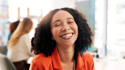 Fototapete - Smile, portrait and meeting with business woman in office for magazine editor, team consultant and publisher. Happiness, article journalist and creative with person in startup agency for confidence