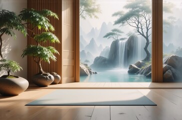 Poster - Serene room with a view.  A yoga mat rests on light wood flooring before a large window showcasing a misty mountain landscape with a waterfall.  Minimalist decor includes bonsai trees.  Tranquil and p