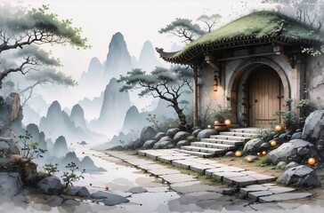 Poster - Serene mountain landscape with a moss-roofed pavilion and stone pathway leading to an arched wooden gate.  Misty mountains rise in the background, creating a tranquil atmosphere.
