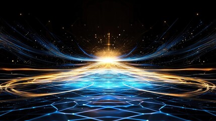 Poster - A glowing blue futuristic network of hexagons with advanced tech elements on a dark background.