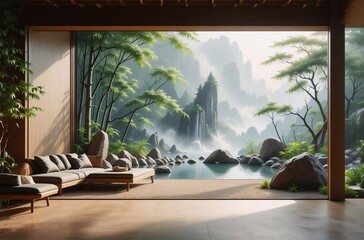 Poster - A serene interior with a view of a misty landscape. A cozy sofa invites relaxation, framed by natural elements: rocks, trees, and a tranquil pool. The atmosphere feels peaceful and connected to nature