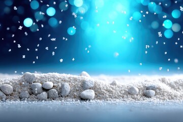 Poster - Serene winter scene with snowflakes falling on white sand and smooth pebbles against a blue bokeh background creating a magical and tranquil atmosphere