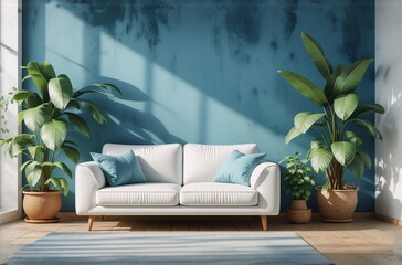 Poster - Image: A bright interior features a white sofa with blue pillows, lush green plants in pots, and a blue wall. Light streams from a window, creating shadows on the floor.
