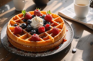 Poster - Warm sunlight illuminates a breakfast plate of fresh, golden waffle adorned with berries and whipped cream. This food is ready to enjoy.