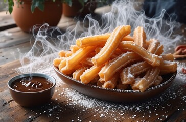 Aufkleber - Warm, freshly cooked treat, served in a wooden bowl. It's paired with a dipping sauce, creating a delectable food. The scene features textures and hints of steam rising, enhancing the culinary experie