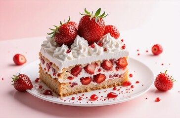 Poster - A delicious strawberry cake, layers filled with fresh strawberries and topped with whipped cream. Several scattered strawberries add visual appeal to the presentation on a plate with red sprinkles.