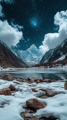 Wall Mural - Majestic snow covered mountains reflecting in a serene lake under a starlit sky at dusk breathtaking landscape with dramatic clouds and rocky foreground