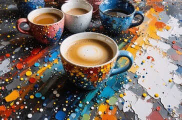 Poster - A vibrant scene of coffee cups, each unique, set amidst colorful splashes and abstract details. Hints of diverse color palettes create a dynamic, eye-catching display, suggesting a lively artistic set
