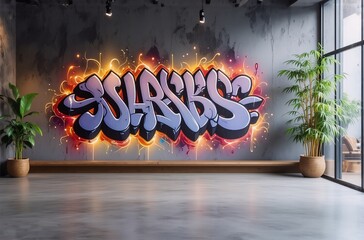 Aufkleber - A modern space displays vibrant graffiti art with an illuminated aura on a textured wall, flanked by potted plants and a large window offering glimpses of the outside. The room features a wooden floor