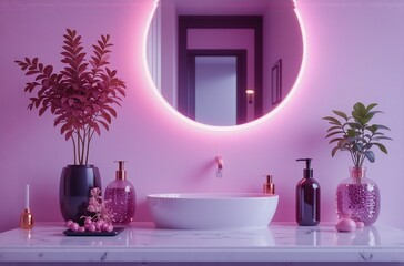 Poster - A modern bathroom with a touch of elegance and nature, featuring a neon-lit mirror, a basin, and various decorative elements. The space blends pink, gold, and green.