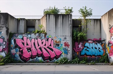 Fototapete - Here's the requested description and keywords based on the image:

Graffiti art, vibrant hues, and an urban setting highlight the concrete structure. Hints of natural elements, like greenery, contrast