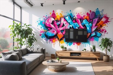 Poster - **Description:** A vibrant living room boasts a graffiti-adorned wall, with a large window. A grey couch invites relaxation, complemented by a wooden TV stand, plants, and a coffee table. The style is