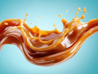 Aufkleber - Dynamic caramel flow against a serene blue backdrop showcasing fluid motion and sweet indulgence for dessert themes and food photography