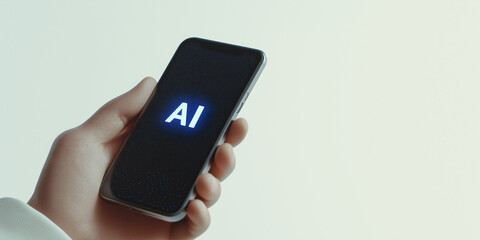Poster - AI Technology in Hand: A modern, elegant photograph highlights a hand holding a mobile phone with the letters 