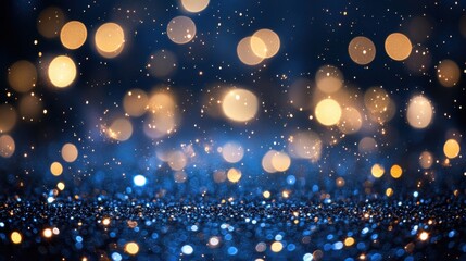 Poster - Elegant shimmering bokeh lights on dark blue background creating a magical and festive atmosphere perfect for holiday season and special events