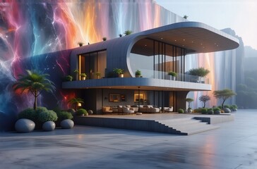 Poster - A futuristic dwelling stands before a vibrant wall. The design hints at a serene, modern lifestyle. Plants add a touch of nature to the sleek exterior. Hints of calmness in the environment.