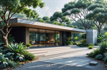 Aufkleber - Modern residence, seamlessly blending with lush, thriving nature. Sunlight filters through the trees, illuminating the minimalist architecture   verdant vegetation, providing a serene and beautiful es