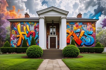 Poster - A grand colonial house, its facade bursting with vibrant urban art, contrasts with manicured lawns and a colorful sky.