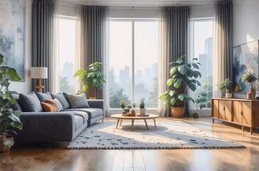 Poster - Here's a description and a list of keywords:

A bright, airy living space with natural light, a comfortable couch, plants, and wooden furniture. The room has large windows providing an urban view. A r