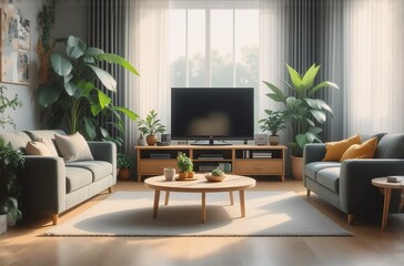 Aufkleber - Cozy living room with large window, sofas, plants, and wooden furniture. Bright and airy, creating a calm and inviting atmosphere. The natural light enhance the interior decoration, adding a touch of 