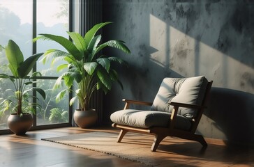 Aufkleber - A cozy interior scene features a comfortable chair bathed in sunlight. Potted greenery adds a touch of nature next to a large window. Hints of shadows dance around. The space exudes peace and tranquil