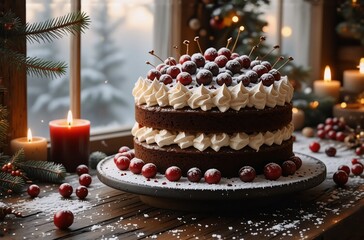 Poster - A delicious layered cake, adorned with cherries and frosting, sits by a window on a wooden surface, surrounded by candles and winter greenery, hints of holiday celebration.