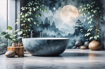 Aufkleber - Serene bathroom scene with a circular stone tub, lush greenery, and a vibrant full moon illustration. The room has a peaceful, spa-like atmosphere.  The natural elements create a relaxing ambiance.