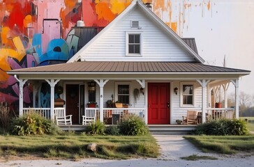 Poster - A white house with a porch and red door contrasts against colorful art.  The scene presents an interesting blend of suburban life and bold artistic expression.