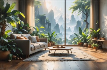 Aufkleber - A serene living room bathed in sunlight offers breathtaking mountain views, seamlessly blending nature and interior design. Lush greenery fills the space, creating a relaxing atmosphere and inviting a