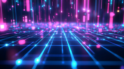Wall Mural - pixel grid with glowing neon blue and purple highlights