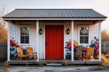 Poster - A small, white cottage with a red door and a metal roof stands outdoors. Two windows flank the entrance, and wooden chairs sit on the porch. Colorful artwork decorates the side.