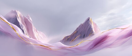 Poster - Ethereal mountain landscape with soft pastel colors and golden accents creating a serene and dreamy atmosphere perfect for backgrounds