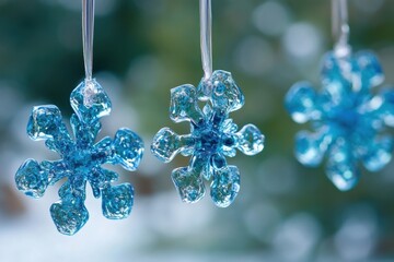 Poster - Captivating close up of transparent blue snowflake ornaments hanging against a soft bokeh background creating a festive winter holiday mood