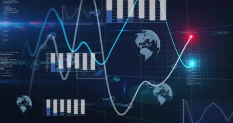 Wall Mural - Analyzing global financial data, animation with graphs and charts over world map