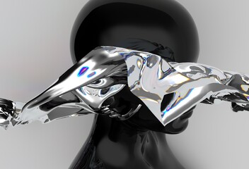 Poster - Abstract 3D illustration of a glossy black mannequin head merged with flowing, translucent liquid or glass, creating a modern, surreal, and dynamic visual effect on a neutral background.