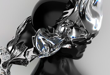 Poster - Abstract 3D illustration of a glossy black mannequin head merged with flowing, translucent liquid or glass, creating a modern, surreal, and dynamic visual effect on a neutral background.