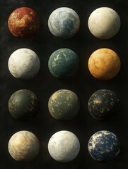 Poster - Collection of Abstract Spheres with Textured Surfaces on Dark Background Displaying Artistic Design and Creative Visuals