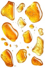 Poster - Golden drops of viscous liquid on a white background with a high angle view creating a clean and modern aesthetic for various creative designs and applications