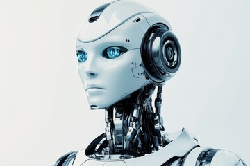 Poster - Futuristic humanoid robot with blue eyes in a minimalist setting explores new technology