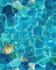 Poster - Sparkling Turquoise Water with Sunlit Reflections on Smooth Stones Underwater Serene Aquatic Scene