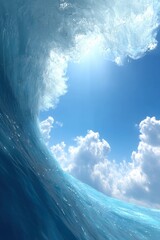 Poster - Captivating view of a majestic ocean wave crashing against a backdrop of a serene blue sky with fluffy clouds sunny day nature