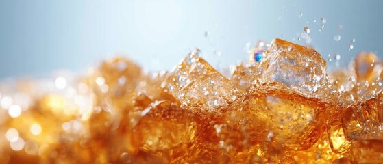 Poster - Refreshing Cold Brew Beverage with Ice Cubes and Splashes in a Glass on a Bright Background, Close Up View, Summertime Drink, Liquid, Clean, Fresh