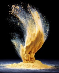 Poster - Captivating Golden Sand Explosion Against a Dark Backdrop Showcasing Dynamic Movement and Texture in a Studio Shot