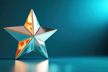 Poster - Shiny metallic star with reflective surfaces on a blue background representing achievement
