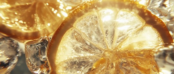Poster - Refreshing close up of lemon slices and ice cubes creating a vibrant and golden visual texture and mood for summer drinks