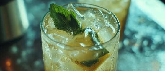 Poster - Refreshing cocktail with ice cubes and mint leaves in a glass on a blurred background showcasing a vibrant and cool drink for summer