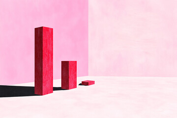 Poster - Geometric Harmony: An abstract composition featuring bold red rectangular shapes against a soft pink backdrop, creating a visually striking balance and modern aesthetic.