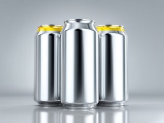 Poster - Three Sleek Silver Aluminum Cans on a Reflective Surface Capturing Modern Design and Industrial Aesthetic with Studio Lighting and Clean Background