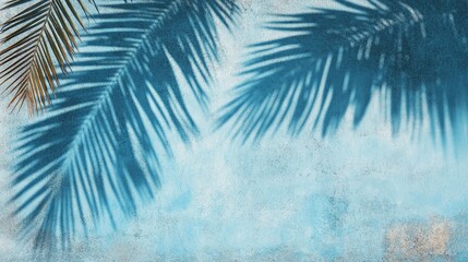 Wall Mural - tranquil tropical palm leaf shadows cast ethereal blue-tinted patterns on a soft textured background
