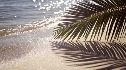 Wall Mural - serene tropical beach scene with sparkling sunlight reflecting on water and a palm leaf casting intr